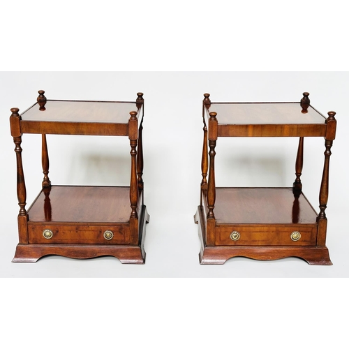 139 - LAMP TABLES, a pair, George III design yew wood and cross banded each with drawer and under-tier, 45... 