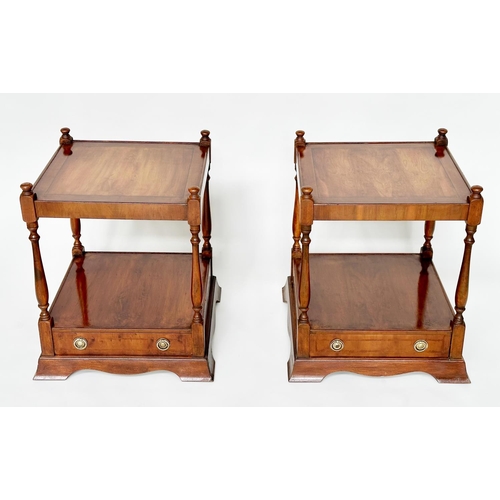 139 - LAMP TABLES, a pair, George III design yew wood and cross banded each with drawer and under-tier, 45... 