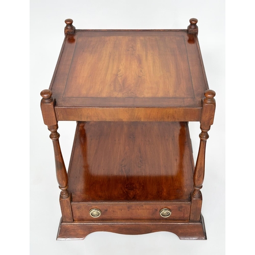 139 - LAMP TABLES, a pair, George III design yew wood and cross banded each with drawer and under-tier, 45... 