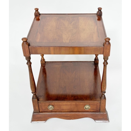 139 - LAMP TABLES, a pair, George III design yew wood and cross banded each with drawer and under-tier, 45... 