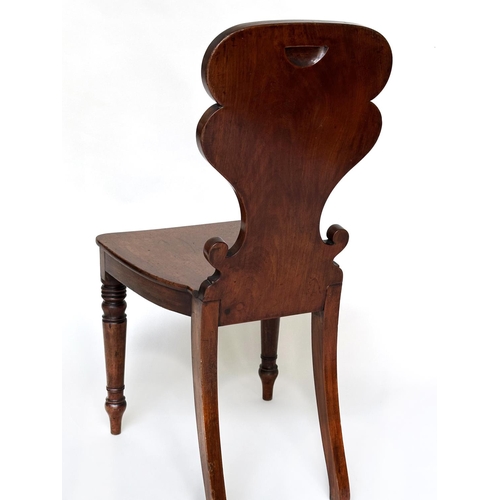 144 - HALL CHAIR, Late Regency mahogany with carved scroll back and inset painted coat of arms, 43cm W.