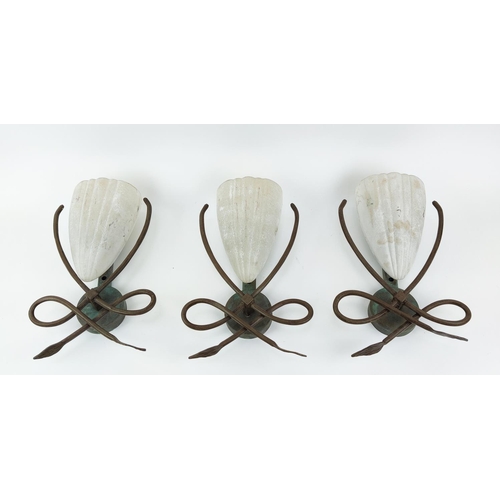 154 - CHELSOM WALL LIGHTS, a set of three, patinated metal and frosted glass, 36cm H x 16cm W x 12cm D. (3... 