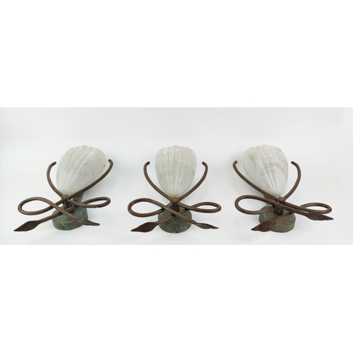 154 - CHELSOM WALL LIGHTS, a set of three, patinated metal and frosted glass, 36cm H x 16cm W x 12cm D. (3... 