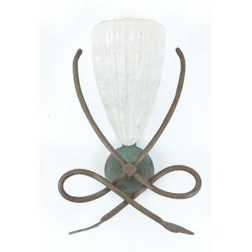 154 - CHELSOM WALL LIGHTS, a set of three, patinated metal and frosted glass, 36cm H x 16cm W x 12cm D. (3... 