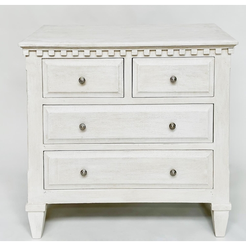 181 - COMMODE, Gustavian style traditionally grey painted with four drawers, 108cm x 48cm D x 95cm.