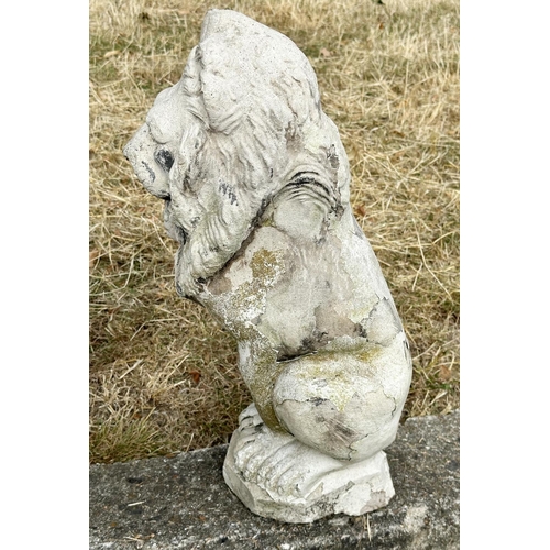 188 - GARDEN LIONS, a pair, well weathered reconstituted stone with old paint, 52cm H. (2)