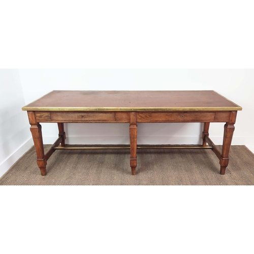 211 - DRAPERS TABLE, late 19th/early 20th century French oak, with brown linoleum brass bordered top and t... 