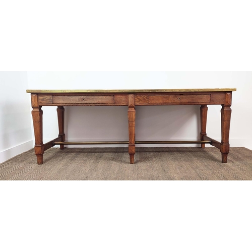 211 - DRAPERS TABLE, late 19th/early 20th century French oak, with brown linoleum brass bordered top and t... 