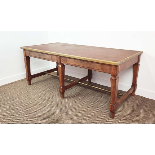 211 - DRAPERS TABLE, late 19th/early 20th century French oak, with brown linoleum brass bordered top and t... 