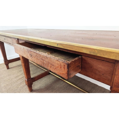 211 - DRAPERS TABLE, late 19th/early 20th century French oak, with brown linoleum brass bordered top and t... 