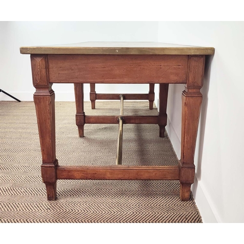 211 - DRAPERS TABLE, late 19th/early 20th century French oak, with brown linoleum brass bordered top and t... 