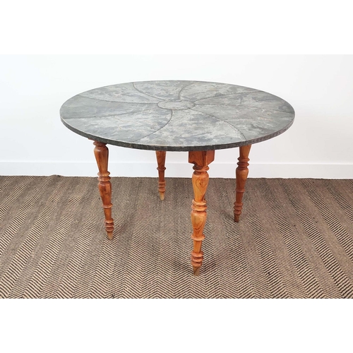 212 - CONRAN SHOP CIRCULAR TABLE, with a decorative applied metal top, in a swirl design, on turned wooden... 