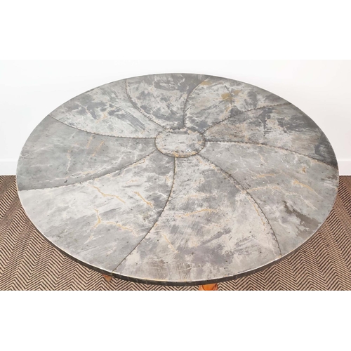 212 - CONRAN SHOP CIRCULAR TABLE, with a decorative applied metal top, in a swirl design, on turned wooden... 