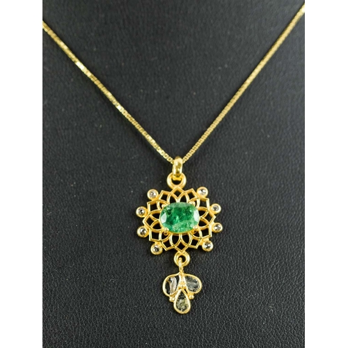 22 - AN EMERALD AND DIAMOND PENDANT NECKLACE, the emerald of approximately 1 carat, yellow metal fancy wo... 