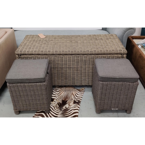 407 - GARDEN STORAGE BOX, 128cm x 58cm x 53cm approx, faux rattan, and two kettler garden stools, 38cm x 3... 