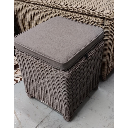 407 - GARDEN STORAGE BOX, 128cm x 58cm x 53cm approx, faux rattan, and two kettler garden stools, 38cm x 3... 