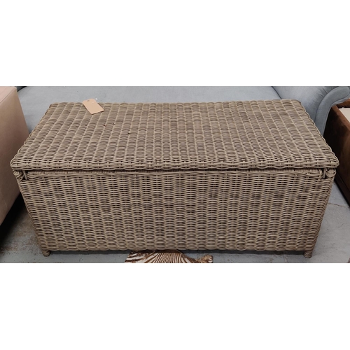 407 - GARDEN STORAGE BOX, 128cm x 58cm x 53cm approx, faux rattan, and two kettler garden stools, 38cm x 3... 