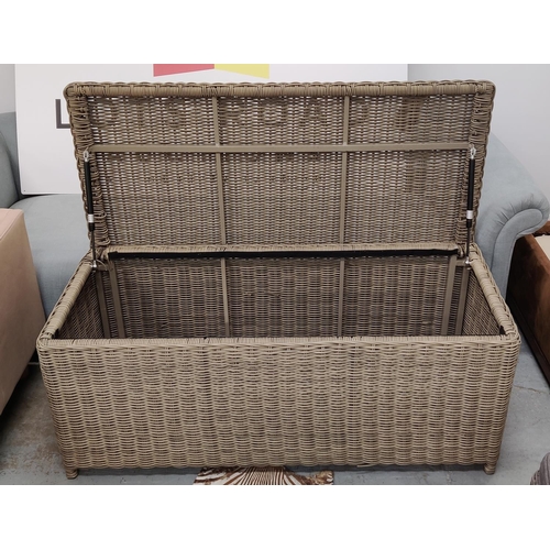 407 - GARDEN STORAGE BOX, 128cm x 58cm x 53cm approx, faux rattan, and two kettler garden stools, 38cm x 3... 