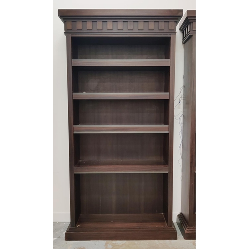 408 - BOOKCASES, a pair, with later added electrical and light functions, 130cm W x 42.5cm D x 251.5cm H a... 