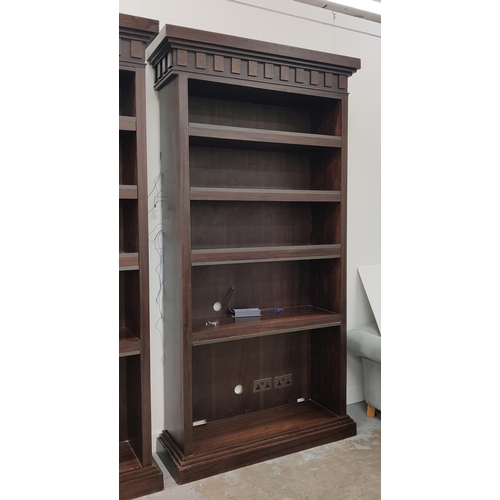 408 - BOOKCASES, a pair, with later added electrical and light functions, 130cm W x 42.5cm D x 251.5cm H a... 