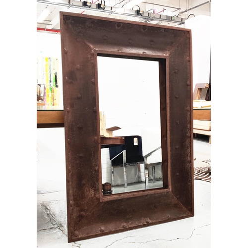 410 - WALL MIRROR, 131.5cm x 92cm, oxidised metal frame.