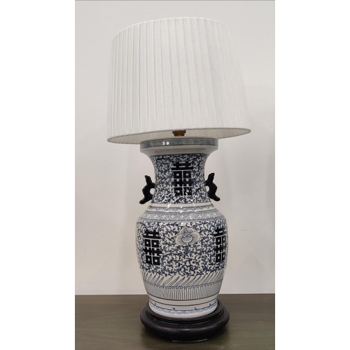 411 - TABLE LAMPS, a pair, Chinese export style blue and white ceramic, with shades, 60cm H. (2)