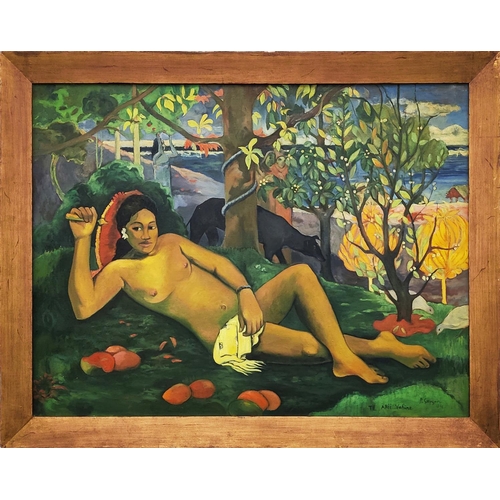 77 - GAUGIN 'STYLE' TAHITIAN LARGE PAINTING, framed, 114cm x 148cm.