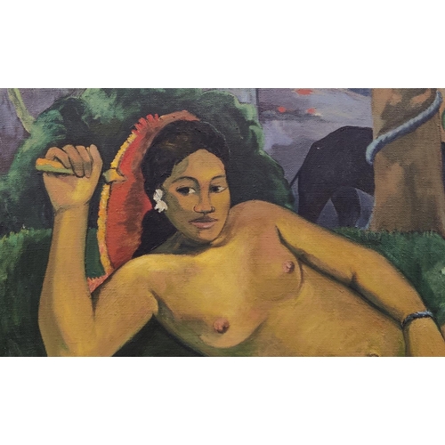 77 - GAUGIN 'STYLE' TAHITIAN LARGE PAINTING, framed, 114cm x 148cm.