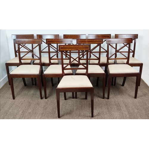 412 - DINING CHAIRS, a set of ten, Georgian style mahogany and inlaid with drop in seats, 90cm H x 49cm W ... 