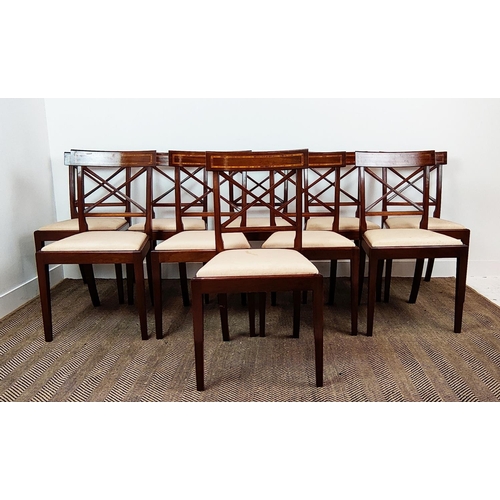 412 - DINING CHAIRS, a set of ten, Georgian style mahogany and inlaid with drop in seats, 90cm H x 49cm W ... 