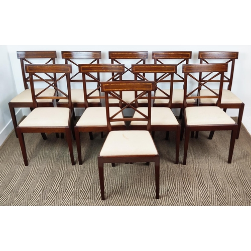 412 - DINING CHAIRS, a set of ten, Georgian style mahogany and inlaid with drop in seats, 90cm H x 49cm W ... 