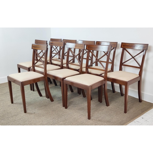 412 - DINING CHAIRS, a set of ten, Georgian style mahogany and inlaid with drop in seats, 90cm H x 49cm W ... 