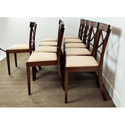 412 - DINING CHAIRS, a set of ten, Georgian style mahogany and inlaid with drop in seats, 90cm H x 49cm W ... 