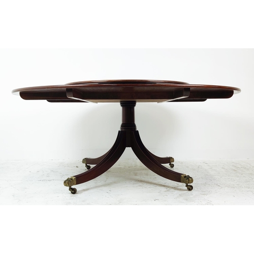 413 - DINING TABLE, Georgian style mahogany, satinwood and rosewood with circular top on brass castors, 74... 