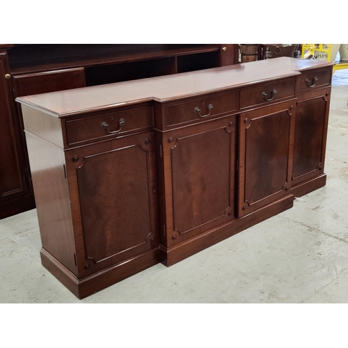 414 - BREAKFRONT SIDEBOARD, Georgian style mahogany with four drawers, (two lined for cutlery) and four do... 