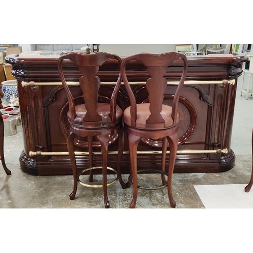 415 - BAR, mahogany and burr walnut with brass rails and compartmented back, 109cm H x 235cm W x 54cm D an... 