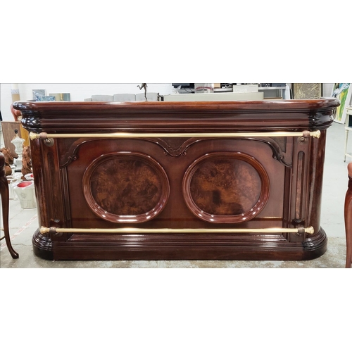 415 - BAR, mahogany and burr walnut with brass rails and compartmented back, 109cm H x 235cm W x 54cm D an... 