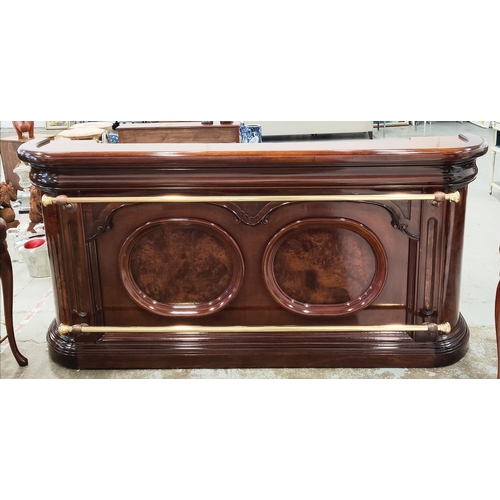 415 - BAR, mahogany and burr walnut with brass rails and compartmented back, 109cm H x 235cm W x 54cm D an... 