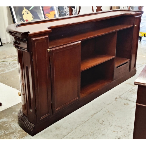 415 - BAR, mahogany and burr walnut with brass rails and compartmented back, 109cm H x 235cm W x 54cm D an... 