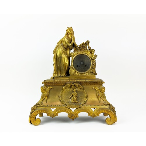 5 - MANTEL CLOCK, 19th century French, with lady at prayer, 35cm x 41cm H.