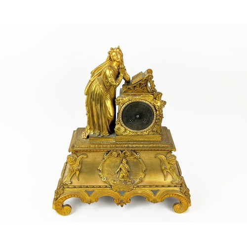 5 - MANTEL CLOCK, 19th century French, with lady at prayer, 35cm x 41cm H.