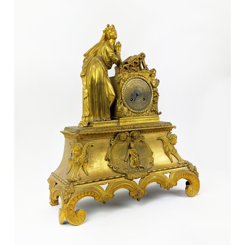 5 - MANTEL CLOCK, 19th century French, with lady at prayer, 35cm x 41cm H.