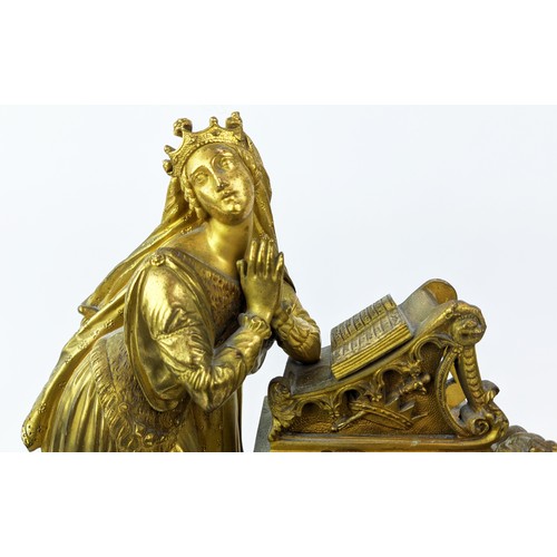 5 - MANTEL CLOCK, 19th century French, with lady at prayer, 35cm x 41cm H.