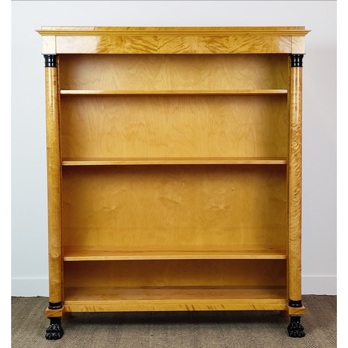 152 - BOOKCASE, Biedermeier style satin birch with ebonised paw feet, 160cm H x 136cm x 36cm.