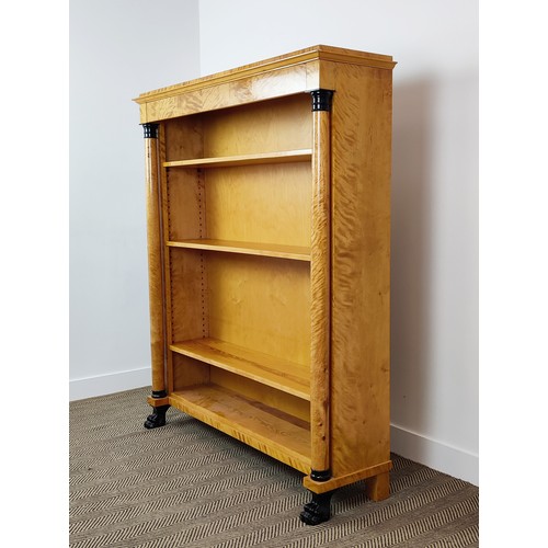 152 - BOOKCASE, Biedermeier style satin birch with ebonised paw feet, 160cm H x 136cm x 36cm.