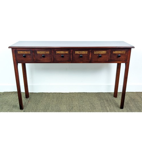 159 - HALL TABLE, Victorian style mahogany with six chemist style drawers, 77cm H x 127cm W x 33cm D.