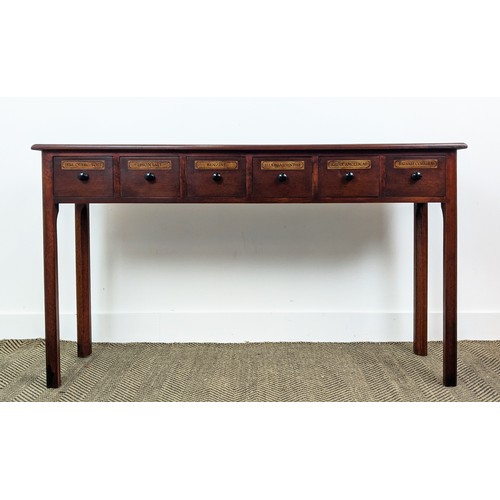 159 - HALL TABLE, Victorian style mahogany with six chemist style drawers, 77cm H x 127cm W x 33cm D.