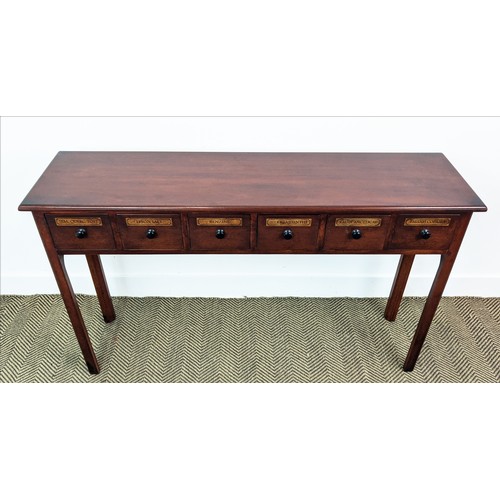 159 - HALL TABLE, Victorian style mahogany with six chemist style drawers, 77cm H x 127cm W x 33cm D.