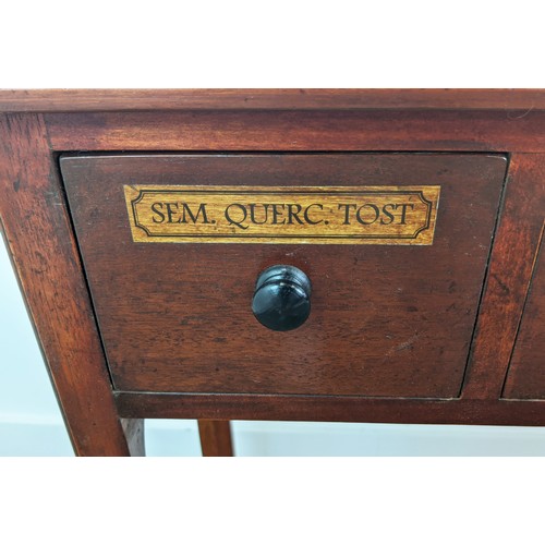 159 - HALL TABLE, Victorian style mahogany with six chemist style drawers, 77cm H x 127cm W x 33cm D.