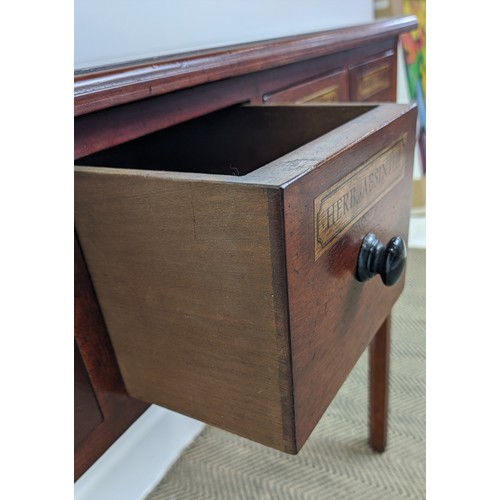 159 - HALL TABLE, Victorian style mahogany with six chemist style drawers, 77cm H x 127cm W x 33cm D.